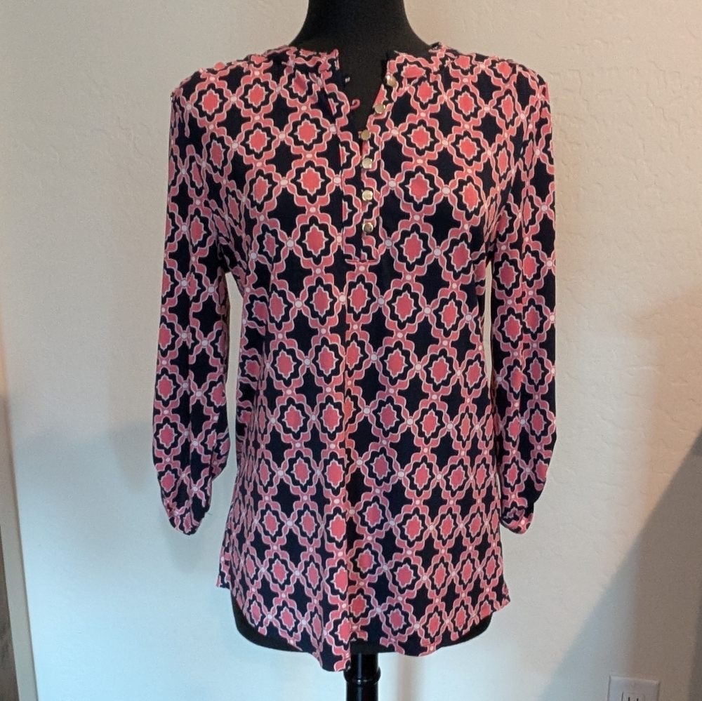 Charter Club Pink and Dark Blue Soft Geometric Top Blouse Size M